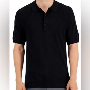 Alfani Black Knit Polo Shirt Rayon Blend Medium Short Sleeve Lightweight
